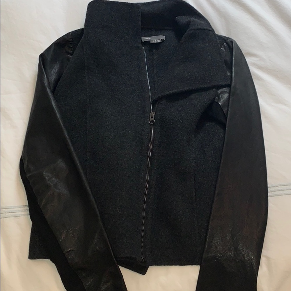 Vince Wool Leather Sleeve Zip Up Jacket